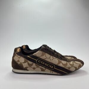 Coach Hilary Brown Tan Logo Canvas Leather Casual Flat Shoes Women's Size 9.5M